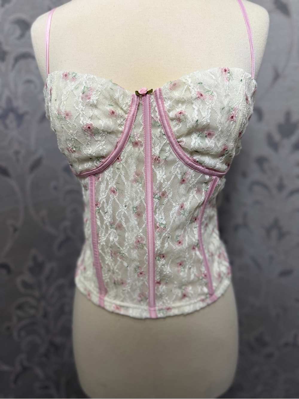 Floral Lace Bustier Bandeau in Pink and Ivory